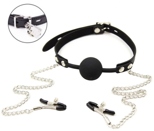 Черный силиконовый кляп с зажимами для сосков и замочком