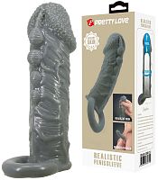 Увеличивающая насадка на пенис со стимулирующим рельефом Realistic Penis Sleeve + 3 см серая