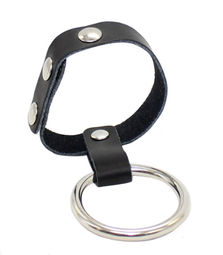 Кожаный хомут на пенис с металлическим кольцом фото 2