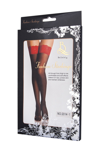 Чулки матовые черные с красной кружевной резинкой OS фото 6