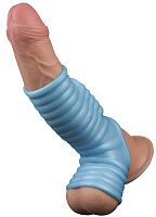 Рельефная насадка на пенис с вибрацией Wave Knights голубая