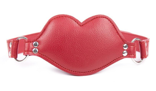 Силиконовый кляп-фаллос на красном ремне в виде губ фото 3