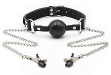 Черный кляп из силикона с зажимами для сосков