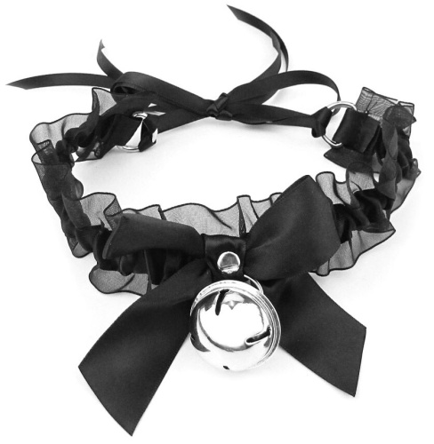 Эротический чокер с черными атласными лентами и бубенчиком фото 3