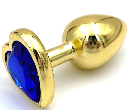 Золотая металлическая анальная пробка с синим камушком в виде сердечка S фото 2