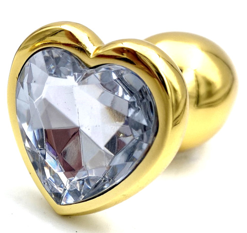 Золотая металлическая анальная пробка с прозрачным камушком в виде сердечка M фото 2