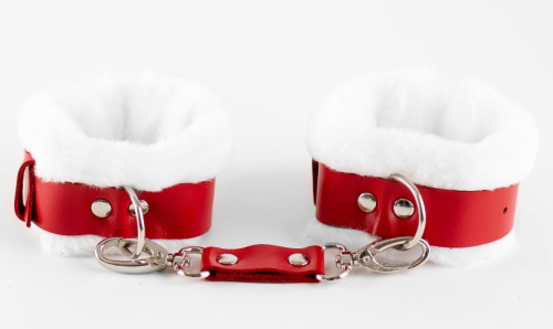 Поножи кожаные с нежным мехом бело-красные фото 2