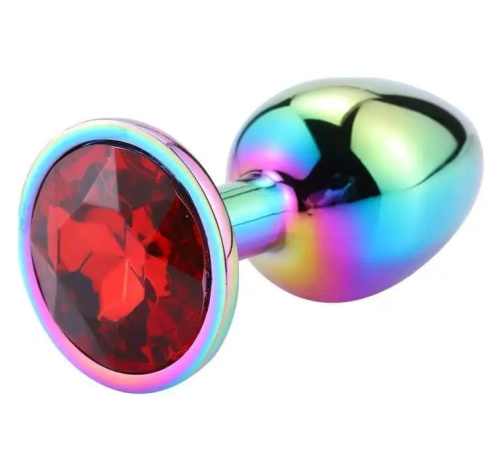 Разноцветная анальная пробка с красным камушком S