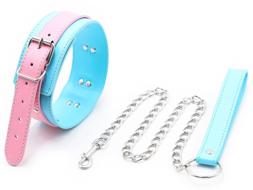 Розово-голубой ошейник с поводком на цепи фото 2