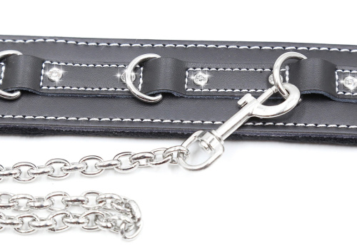 Кожаный черный ошейник со стразами и поводком фото 4