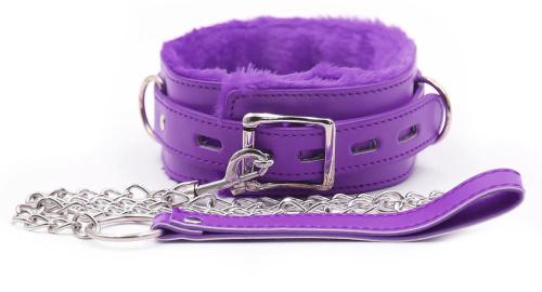 Фиолетовый ошейник с мехом и металлическим поводком