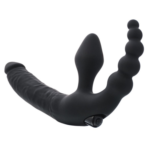 Безремневой страпон с анальным стимулятором черный фото 3