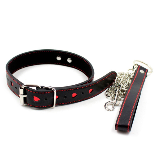Узкий ошейник с красными сердечками и поводком фото 2