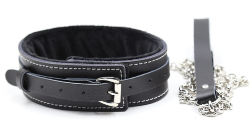 Кожаный черный ошейник со стразами и поводком фото 3
