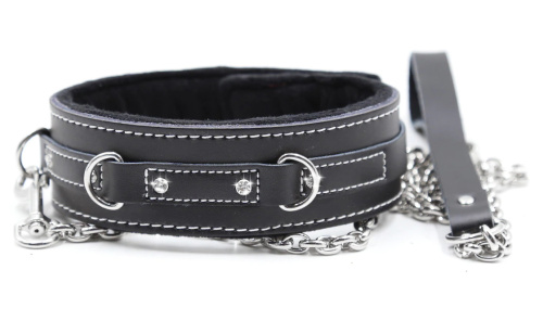Кожаный черный ошейник со стразами и поводком фото 2