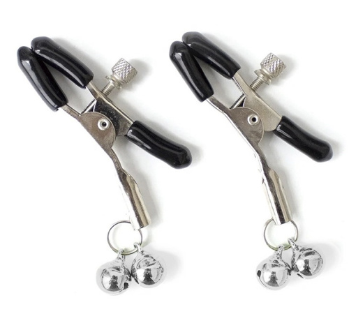 Зажимы для сосков с двойными серебристыми бубенчиками