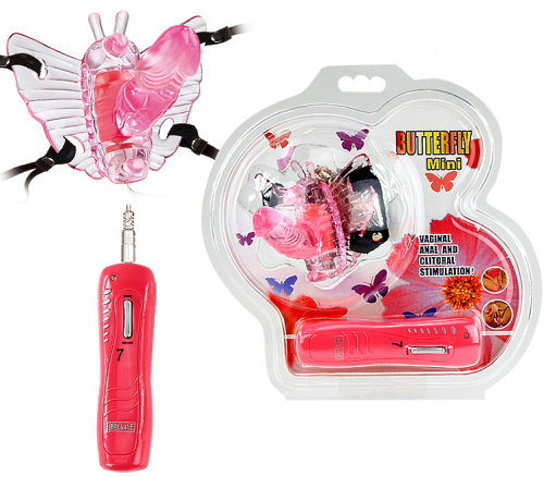 Розовая вибробабочка на ремешках Butterfly Mini с проводным пультом фото 2