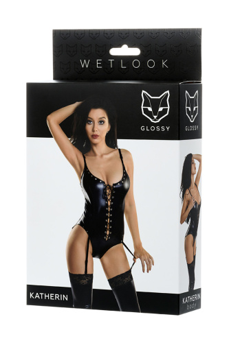 Сексуальное черное боди с пажами Glossy из материала Wetlook размер M фото 5