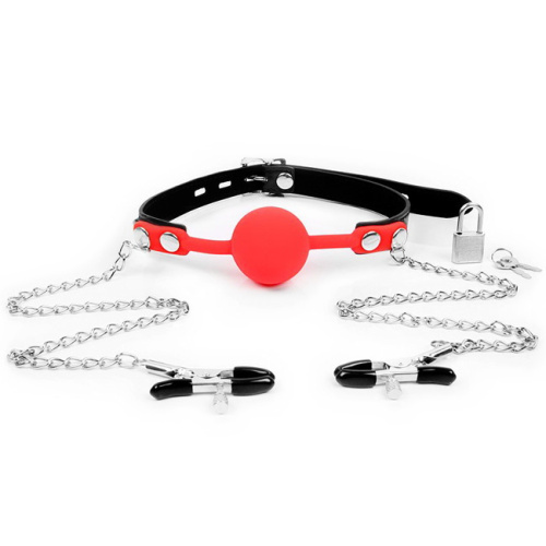 Красный силиконовый кляп с зажимами для сосков и замочком фото 2