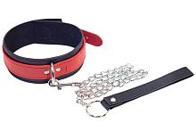 Красно-черный БДСМ ошейник с поводком