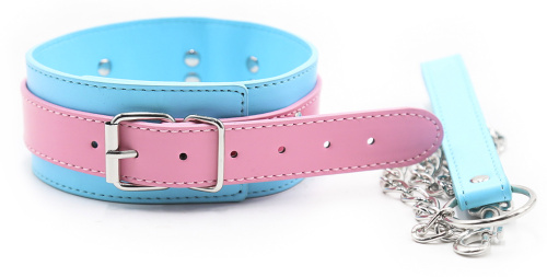 Розово-голубой ошейник с поводком на цепи фото 3