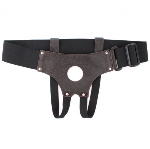 Черно-коричневые трусики-джоки из кожи для страпона фото 2