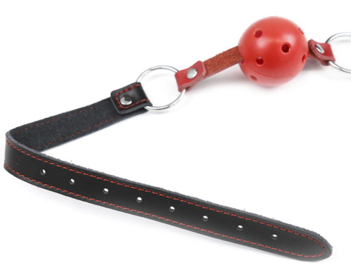 Красный кляп-шар на черно-красном ремне фото 3