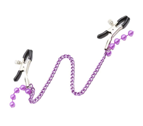 Зажимы для сосков с фиолетовой цепью и бусинами фото 2