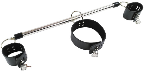 Бондажная распорка с ошейником и наручниками черного цвета