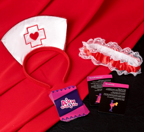 Эротический набор Ахи-Вздохи: Медсестра - ободок, подвязка, 10 карт фото 3