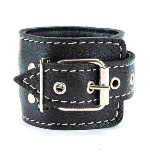 Наручники из натуральной черной кожи с белой строчкой фото 4