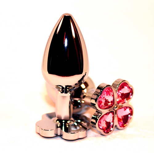 Серебряный анальный плаг с кристаллом в виде Клевера розовый фото 2