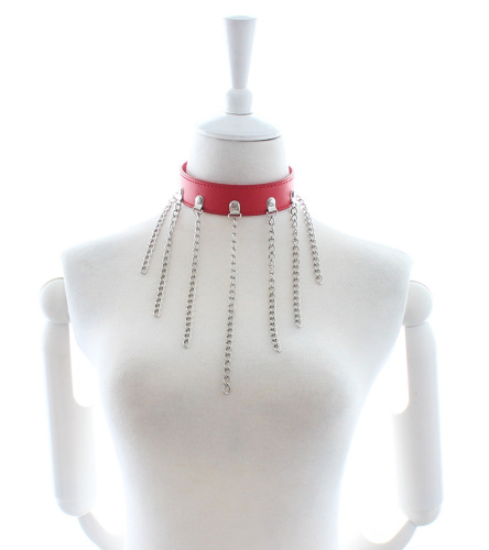 Ошейник БДСМ красного цвета с цепочками фото 2