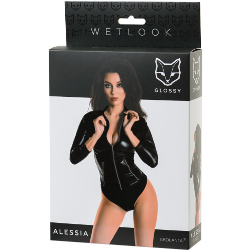 Боди Glossy Alessi из материала Wetlook на молнии черное, размер M фото 6
