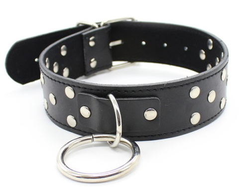 Классический черный ошейник с заклепками и поводком фото 2