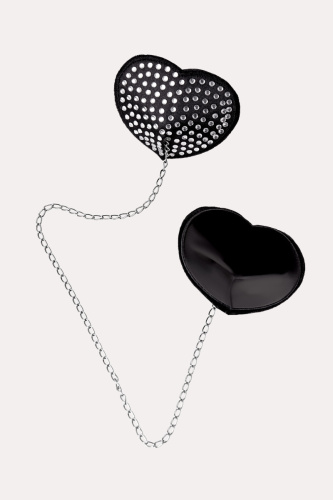 Черные пэстисы в форме сердец с серебристыми стразами соединенные цепочкой фото 2