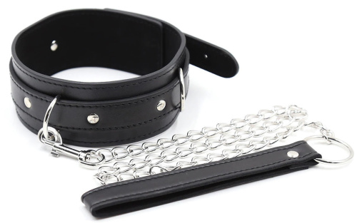 Классический черный ошейник с металлическим поводком