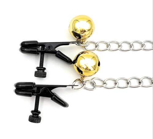 Черные зажимы на соски с цепочкой и бубенчиками фото 3