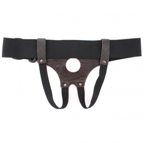 Черно-коричневые трусики-джоки из кожи для страпона фото 3
