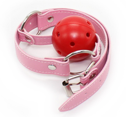 Красный кляп-шар на розовом ремешке фото 2