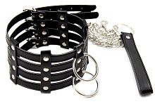 Черный широкий ошейник с металлическим поводком