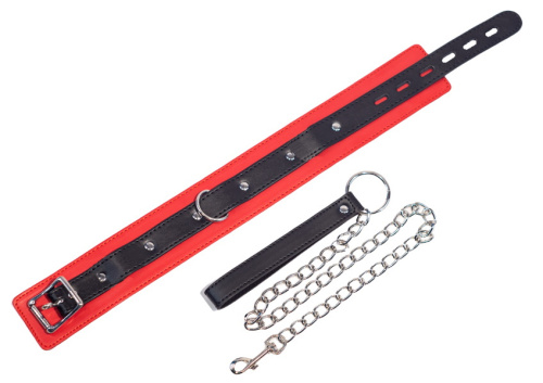 Черно-красный БДСМ ошейник с поводком фото 2