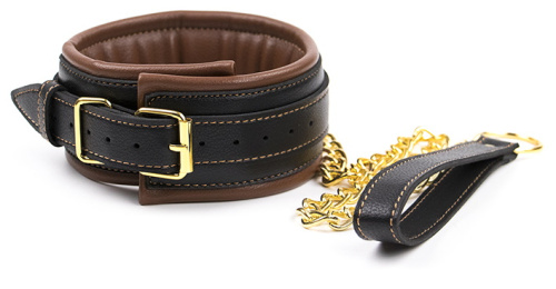 Черно-коричневый ошейник с поводком на золотой цепи фото 2