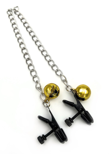Черные зажимы на соски с цепочкой и бубенчиками фото 2