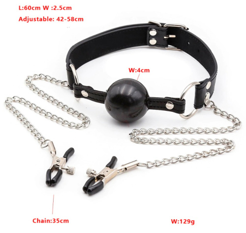 Черный кляп из силикона с зажимами для сосков фото 9