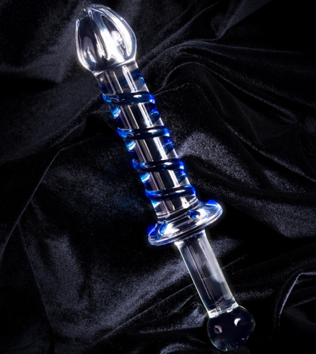 Двусторонний стеклянный фаллоимитатор с массажным рельефом 23 см фото 10