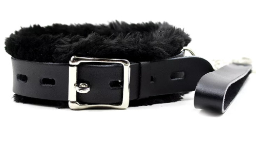 Черный кожаный ошейник с мехом и поводком фото 2