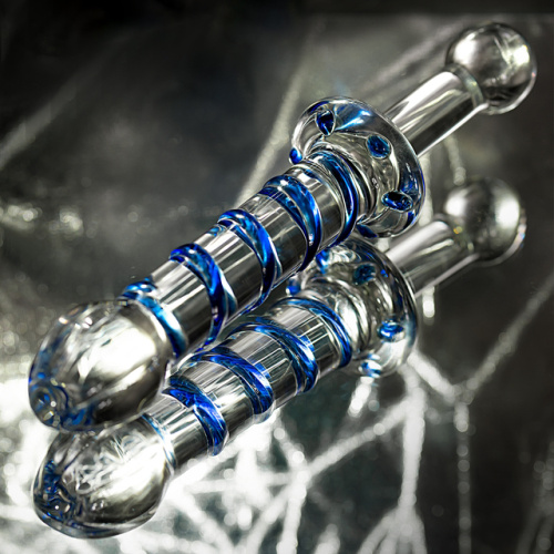 Двусторонний стеклянный фаллоимитатор с массажным рельефом 23 см фото 9