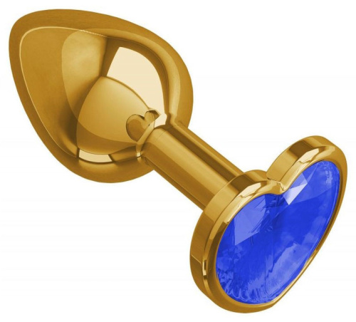 Золотистая анальная пробка с синим камушком в виде сердечка S